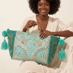 Chic Turquoise Embroidered Tote with Tassels
